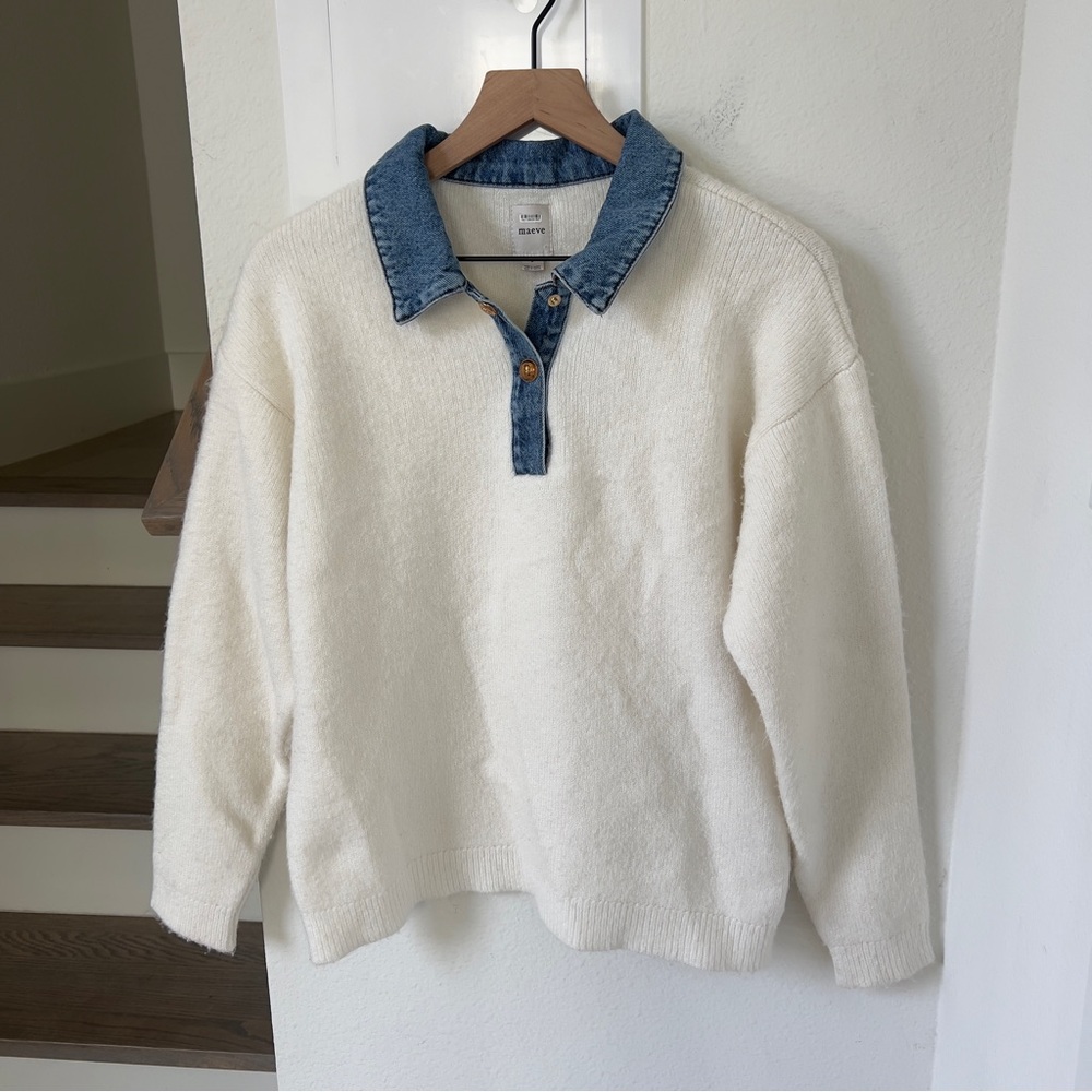 Anthropologie Maeve Denim Polo Sweater in Ivory and Blue - Picture 3 of 7